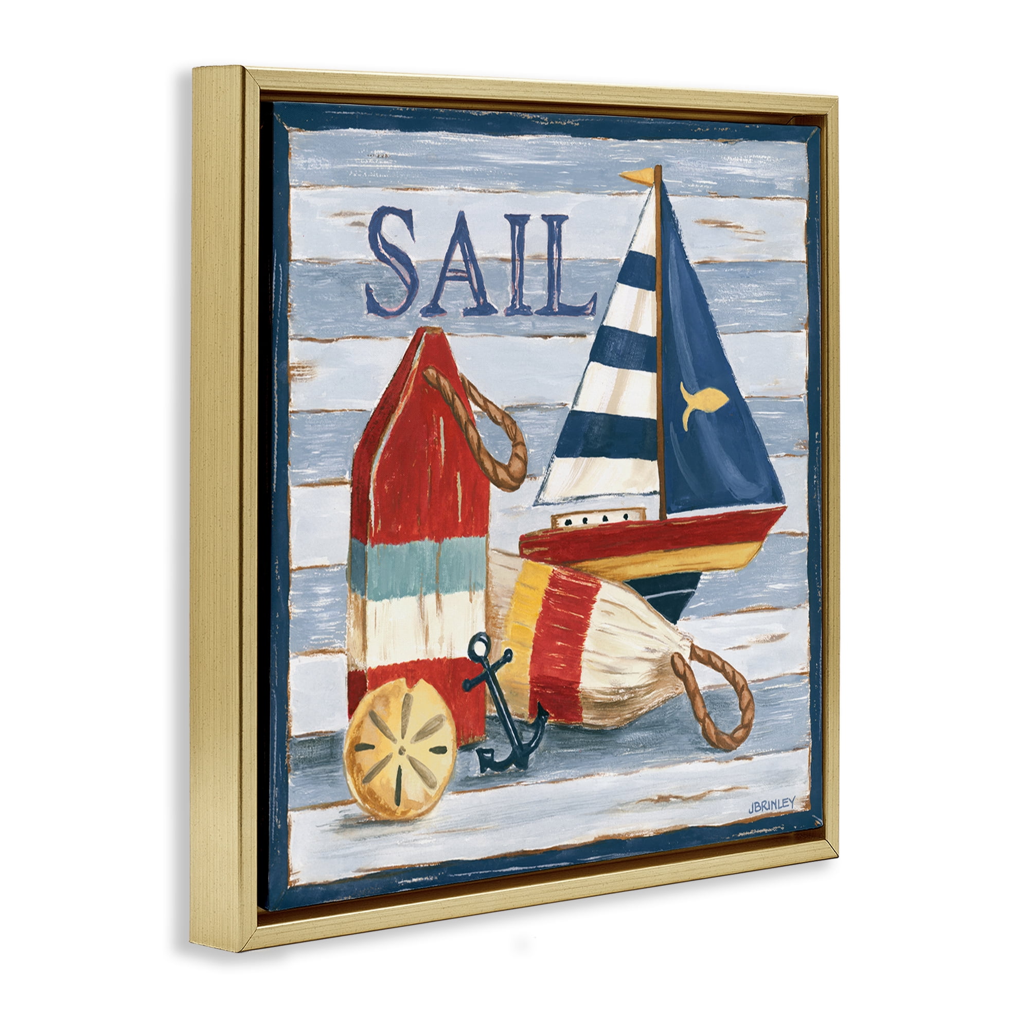Stupell Industries Sail Boat & Buoys Nautical & Beach Painting Gold Floater Framed Canvas Art Print Wall Art, 18 x 18