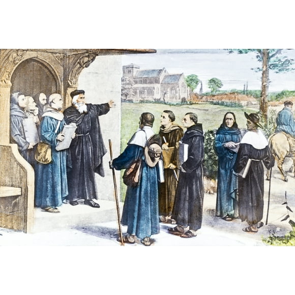 Magic Lantern Slide, Hand Coloured Circa 1900,wycliffe Sending Forth Preachers Carrying Bibles On Path Outside Church. by John Short / Design Pics (19 x 12)
