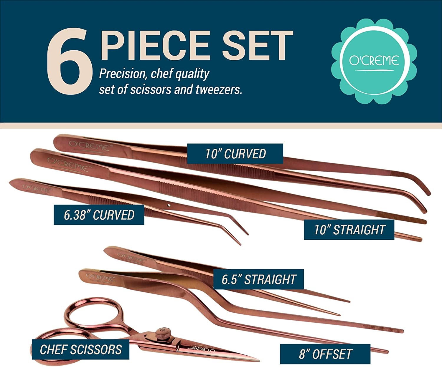 O'Creme Set of Culinary Tweezer Tongs Offset, Straight and Curved, Plus Super Sharp Chef Scissors, Total 6 Pieces Rose Gold