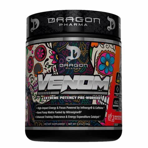 venom pre entreno dragon pharma mangonada bote frontal de pre-entreno Dragon Pharma Venom con etiqueta negra y arte colorido tipo calavera y flores, logotipo Dragon Pharma en tapa, texto plateado "VENOM", rótulo de 40 servicios y advertencia visible, envase cilíndrico para suplemento pre-entreno y energía antes del entrenamiento.