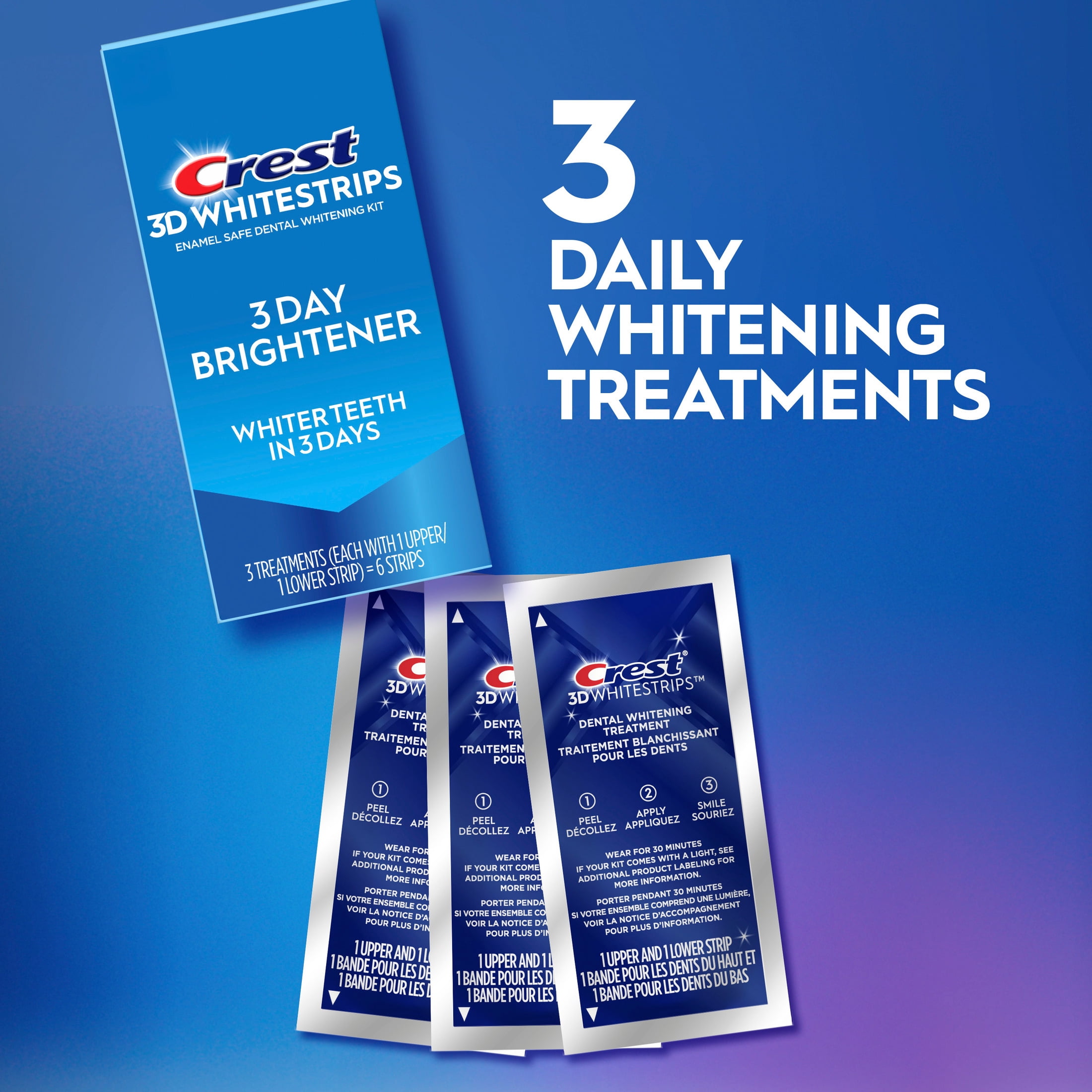 Crest 3DWhitestrips at Home Teeth Whitening, 3 Day Brightener, 3 Treatments, 6 Strips