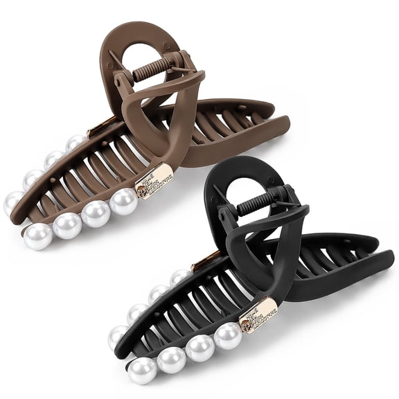 Mber 2 Pack Pearl Butterfly Claw Clips for Long Thick Thin Hair, 5" Large Non-Slip Strong Hold Flat Hair Clip Elegant for Women Girls, Brown & Black