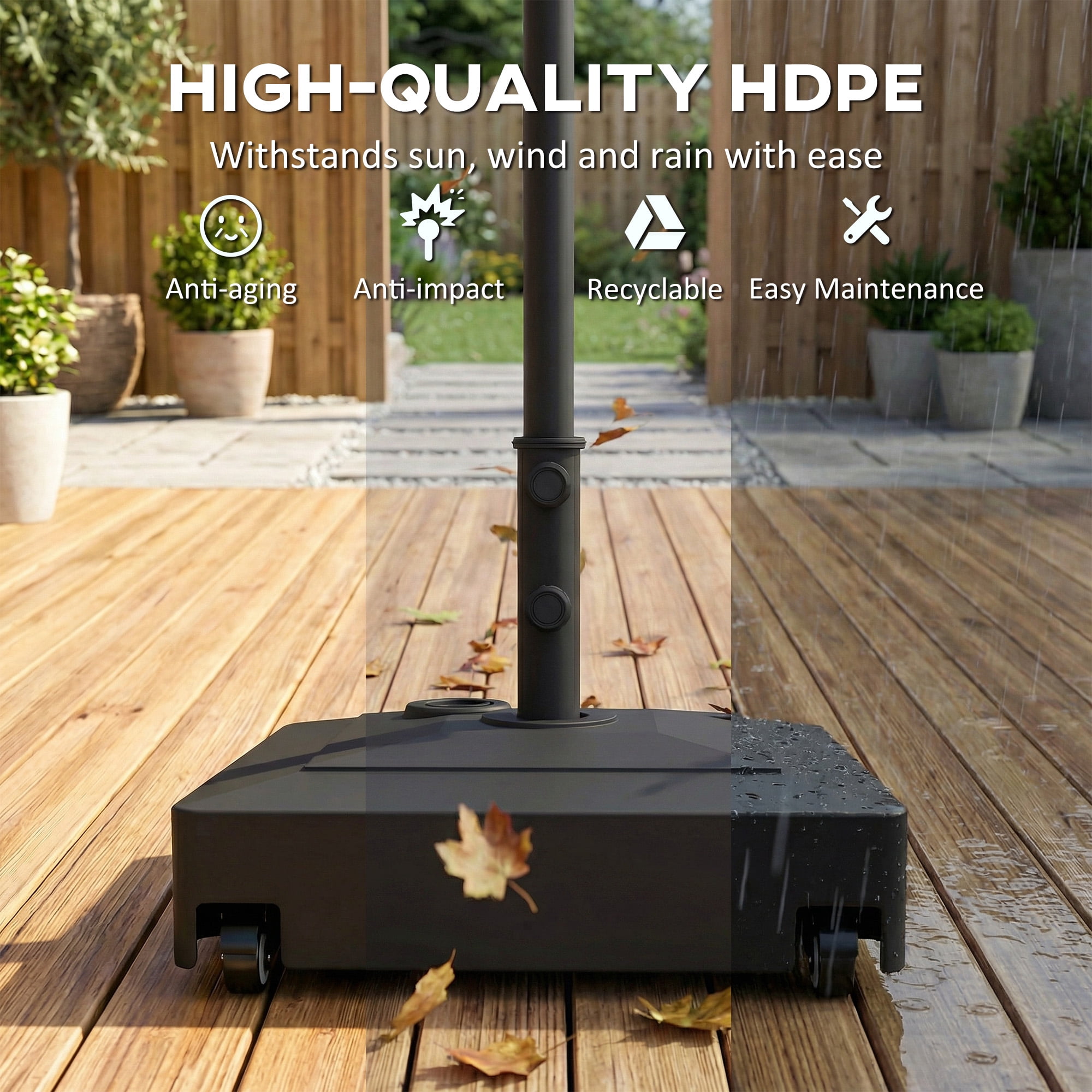 Outsunny Fillable Patio Umbrella Base with Wheels, 134 lbs Stand/88 lbs Water Filled Heavy Duty Outdoor Umbrella Stand for 1.38/1.5/1.89" Pole, Black
