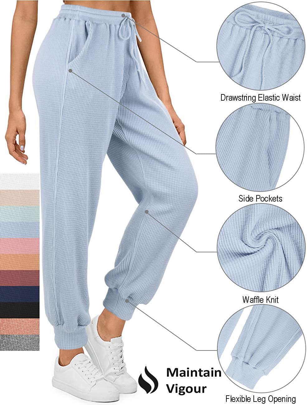 Maintain Vigour Womens High Waisted Pants Waffle Knit Joggers Elastic Waist Drawstring Yoga Sweatpants with Pockets