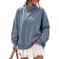 thumbnail image 2 of Mock Neck Loose Sweatshirt for Women Drop Shoulder Puff Sleeve Oversized Pullover Soft Knit Versatile Daily Athleisure Outer Top Blue XL, 2 of 6