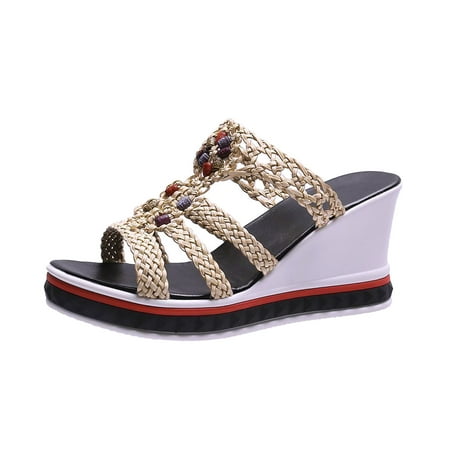 

Utoimkio Platform Sandals for Women Summer Women s Beaded Woven Sponge Bottom Mixed Color Slip On Wedges Sandals Casual Slipper Shoes