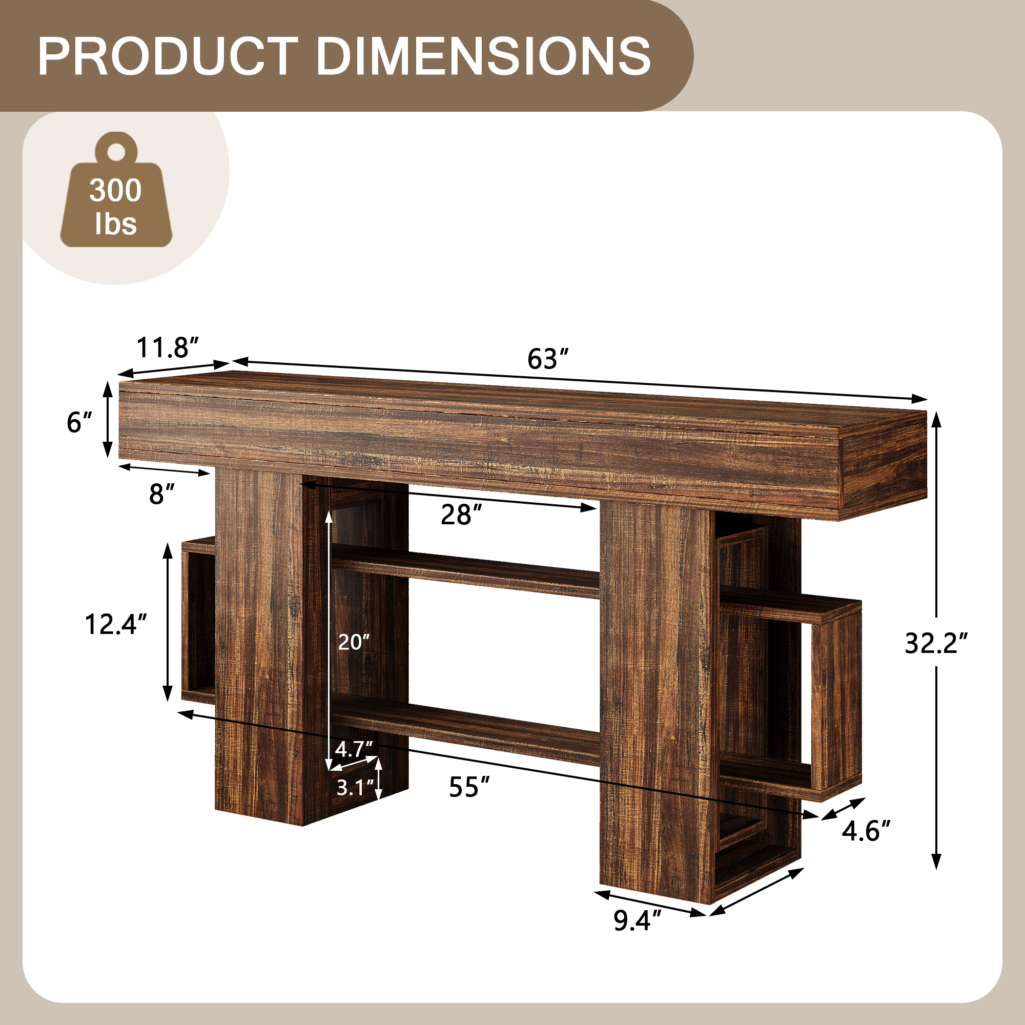 Einhomn 63" Farmhouse Wood Console Table, Modern Entryway Table with Open Storage for Behind Couch, Living Room