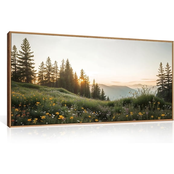 Green Forest Mountain Framed Canvas Wall Art , Wildflower Meadow Wall Decor, Floral Pictures Artwork, Nature Sunset Landscape Art Prints for Living Room, Bedroom, Office - Size 20"x40"