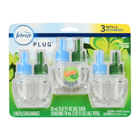 Febreze Plug In Air Freshener, Odor-Fighting Scented Oil Refill, Gain Original, 3 Refills