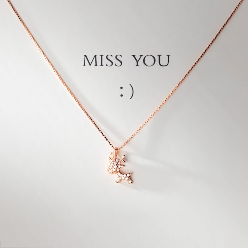 Rose Gold Reindeer Glitter Pendant Necklace 925 Sterling Silver Xmas Jewelry Christmas Gifts for her, Stocking Filler