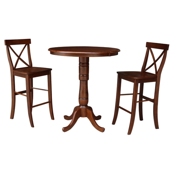 36" Round Extension Dining table with 2 X-Back Barheight Stools - Set of 3 Pieces