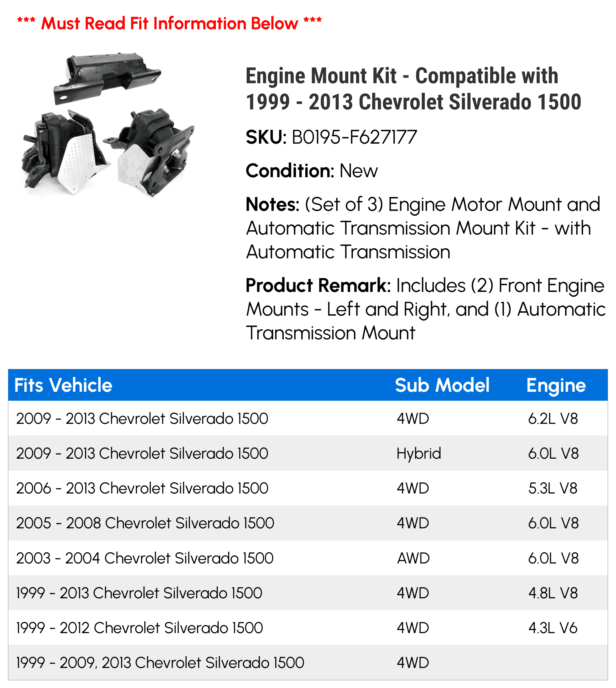 Engine Mount Kit - Compatible with 1999 - 2013 Chevrolet Silverado 1500 - Replacement