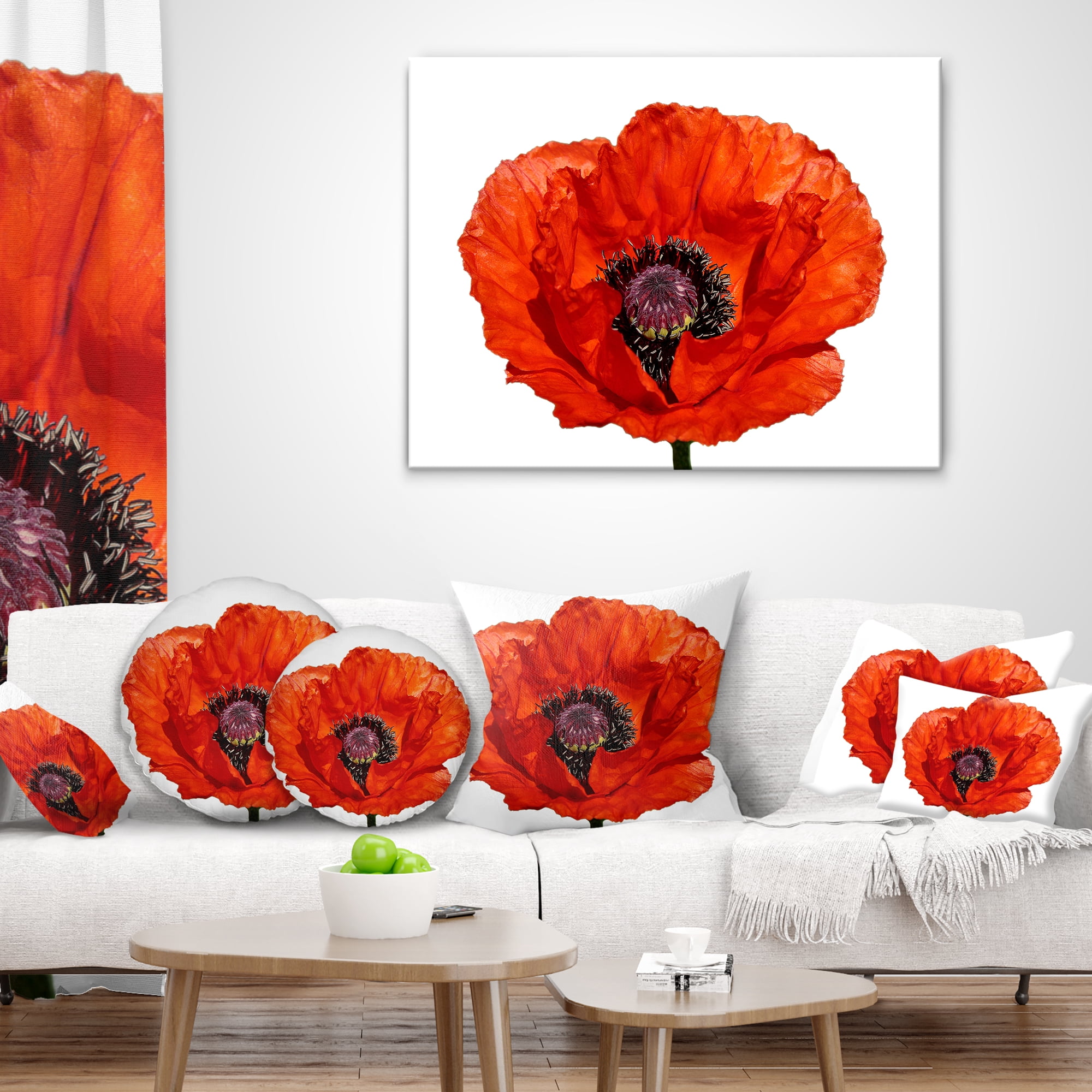 Designart Red Poppy Blossom Close Up - Floral Throw Pillow - 18x18