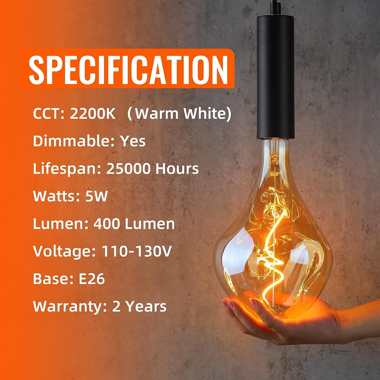 OMED LED Large Edison Bulb Oversized 2 Pack, E26 2200K Warm White Dimmable Vintage Giant Light Bulb, 5 Watt 400LM Extra Big Amber Glass Decorative Bulb for Bedroom, Living Room, Bar, Cafe