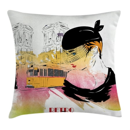Sketch Front Cover Fashion House Decor Throw Pillow Cushion Cover, Lady Posing in front of Tramway Sketch Retro Romance Aesthetics, Decorative Square Accent Pillow Case, 18 X 18 Inches, Yellow Purple, by Ambesonne ()