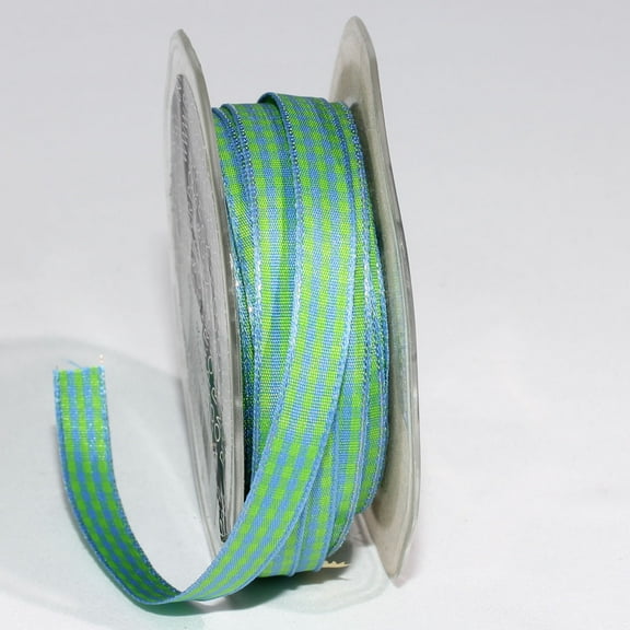 The Ribbon People Green and Blue Gingham Wired Woven Edge Craft Ribbon 0.25" x 108 Yards