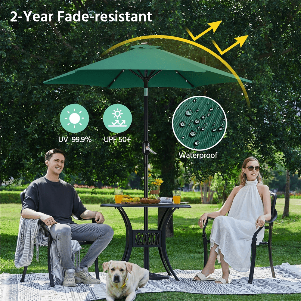 Renwick 7.5FT Patio Umbrella with Base Stand and LED Solar Lights, Dark Green