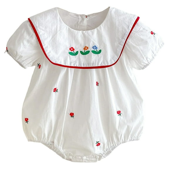 LIIPEE Girls Boys Onesie Flower Embroidery Puff Sleeve Peter Pan Collar Bodysuit Toddler Casual Casual Outings One-Pieces,White,0-3 Months