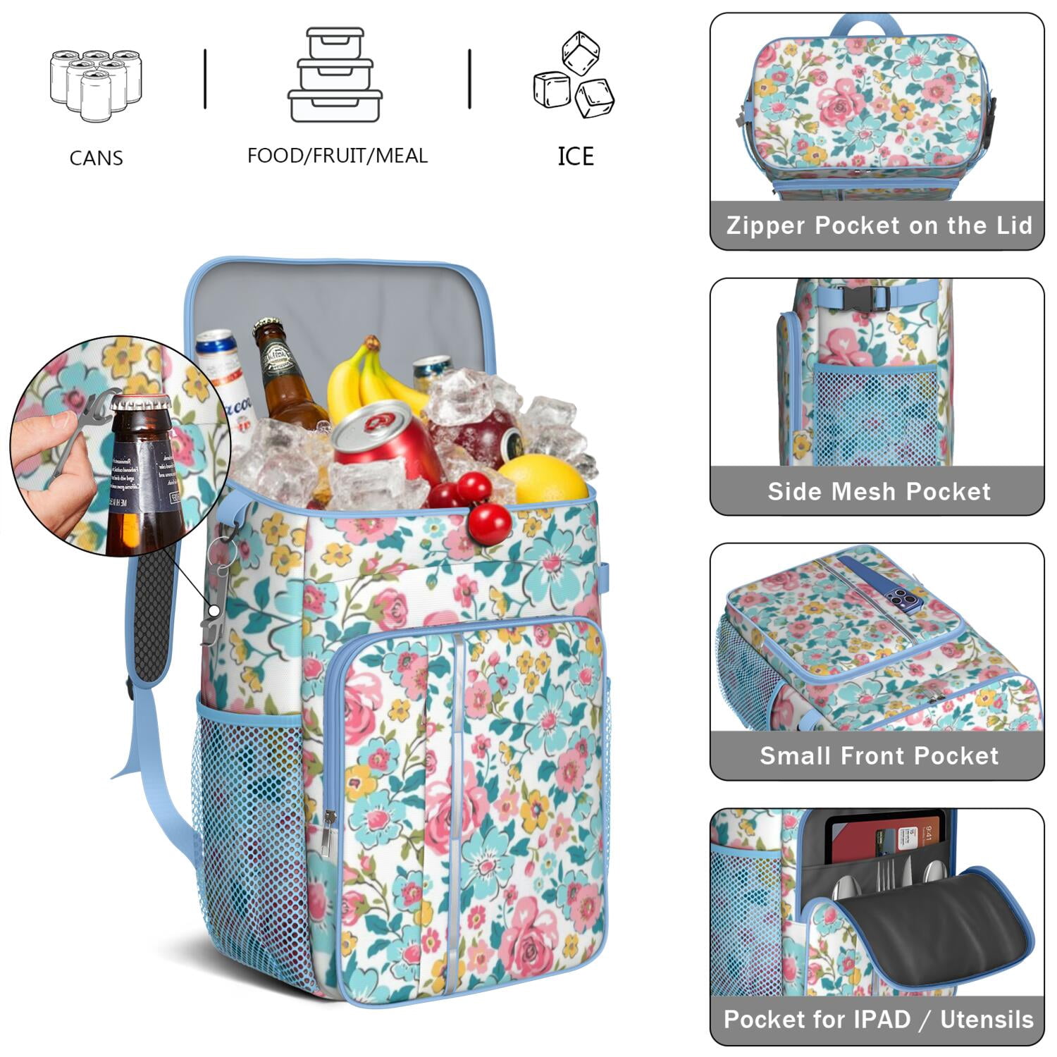 Travel Cooler Bag - Pioneer Flower Floral Print Pattern Camping Beer Cooler Backpack with Bottle Opener- Waterproof Insulated Picnic Backpacks - Cooler Bag for Beach