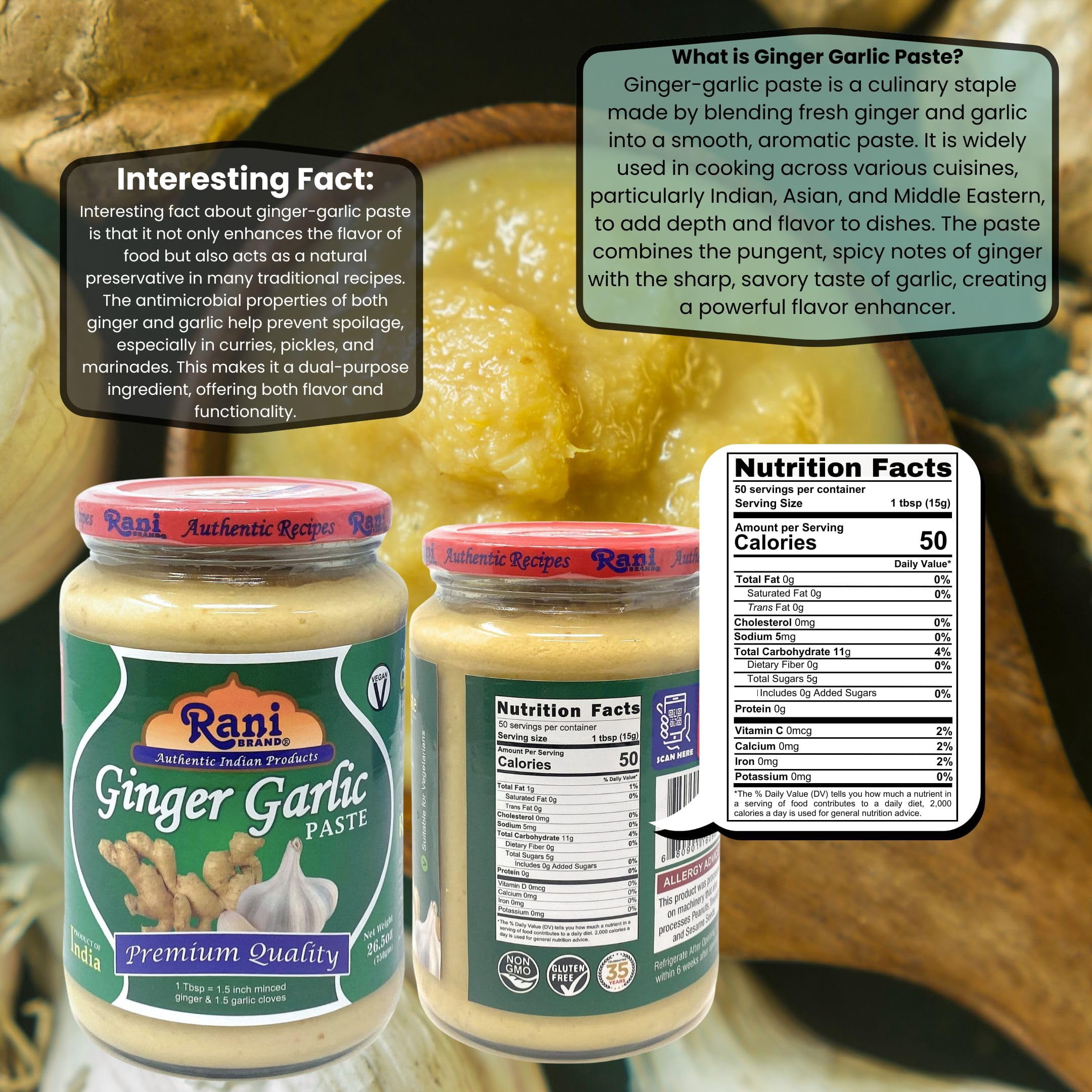 Rani Ginger Garlic Cooking Paste 26.5oz (750g) Glass Jar, Pack of 5+1 FREE ~ Vegan | Gluten Free | NON-GMO | No Colors | Indian Origin