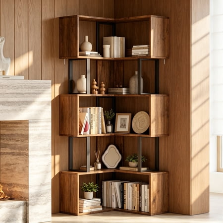 5-Tier Freestanding Corner Bookshelf, 62.6" L-Shaped Metal Wood Rack with Baffle Space Saving Storage for Living Room, Home Office