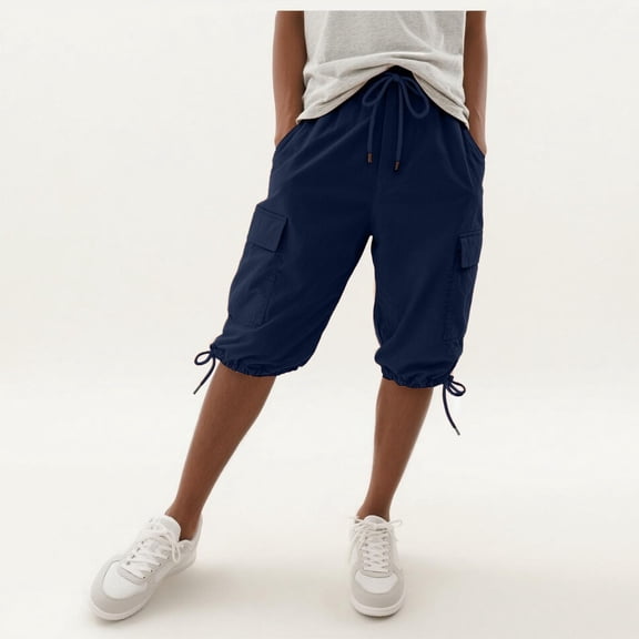 Vamuko Cargo Shorts Women Knee Length Baggy Bermuda Shorts 2026 Summer Drawstring Casual Capris Plus Size Wide Leg Short with Pockets Navy L
