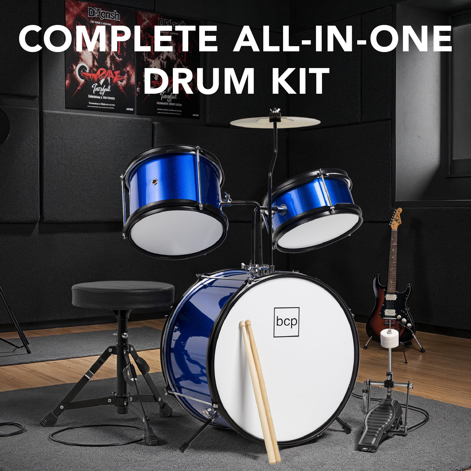 Best Choice Products Kids Beginner 3-Piece Drum, Musical Instrument Set w/ Sticks, Cushioned Stool, Drum Pedal - Blue