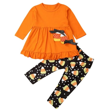 

CenturyX Toddler Girls Halloween Outfit Long Sleeve Ruffle Dress T-shirt Cartoon Long Pants for Fall Party Orange 3-4Years