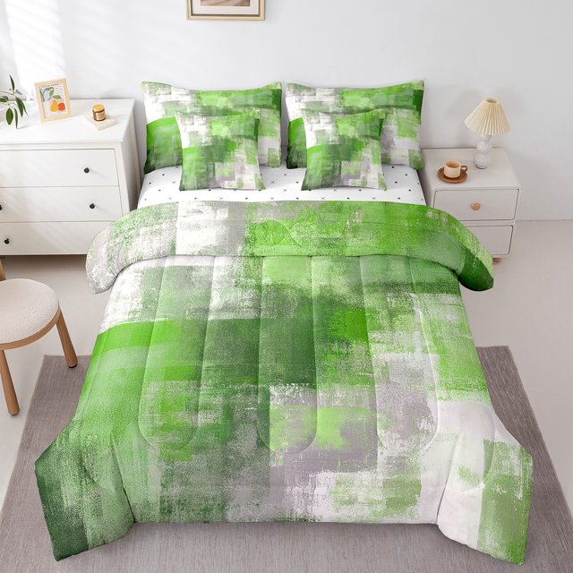 Erosebridal Gradient Green Bedding Sets Twin Size, Modern Oil Paiting Comforter Sets with Sheets, Reversible 7-Piece
