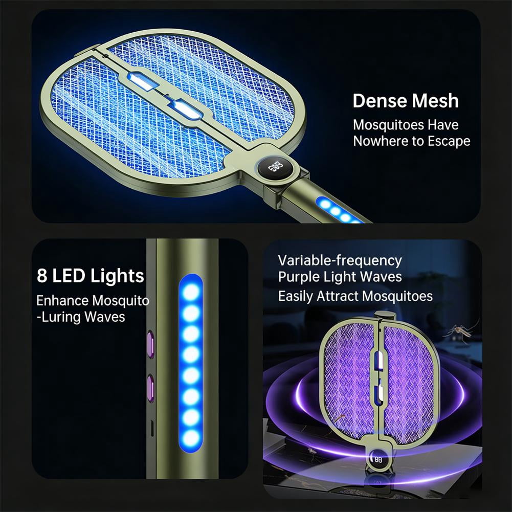 Folding Electric Mosquito Racket 2-in-1 Handheld Bug Zapper & Mosquito Attraction Beads, Lamp, Rechargeable, 8 LED