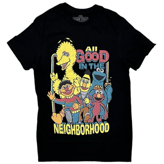 Sesame Street Men's All Good In The Neighborhood Vintage Retro Black Tee T-Shirt (Small, Black)