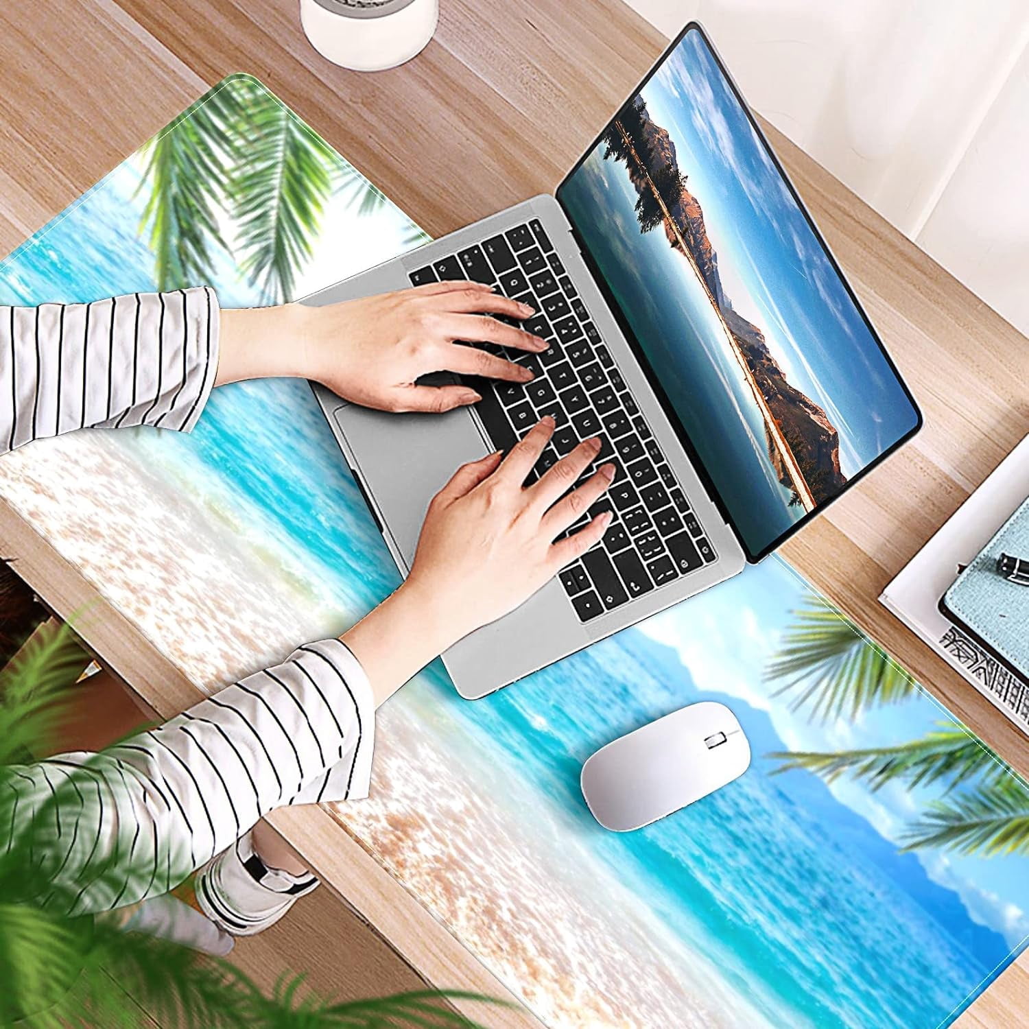 Palm Trees Beach Waves Desk Mat, Desk Accessory, Cute Workspace, Trendy Workspace, Trendy, 35.4x15.7in Large Gaming Mouse Pad, Cute Desk Topper, Pretty Desk Pad