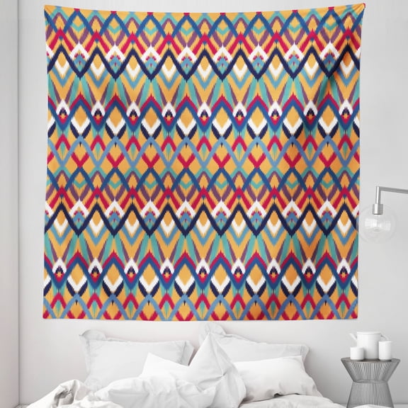 Ikat Tapestry, Back Strapped Native Ceremonial Type Ikat Patterns Group of Irregular Lines Art, Fabric Wall Hanging Decor for Bedroom Living Room Dorm, 5 Sizes, Red Blue Orange, by Ambesonne