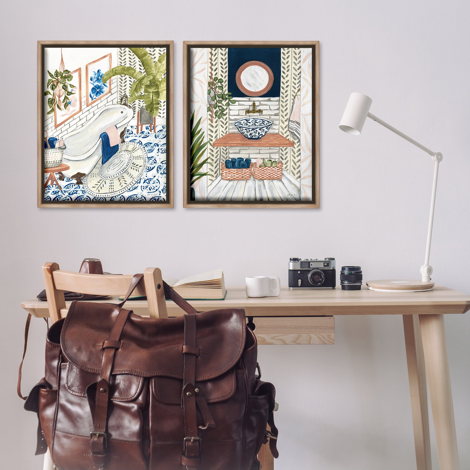 Stupell Industries Boho Chic Bathroom Bath & Laundry Painting Brown Floater Framed Canvas Art Print Wall Art, 31 x 25, Set of 2