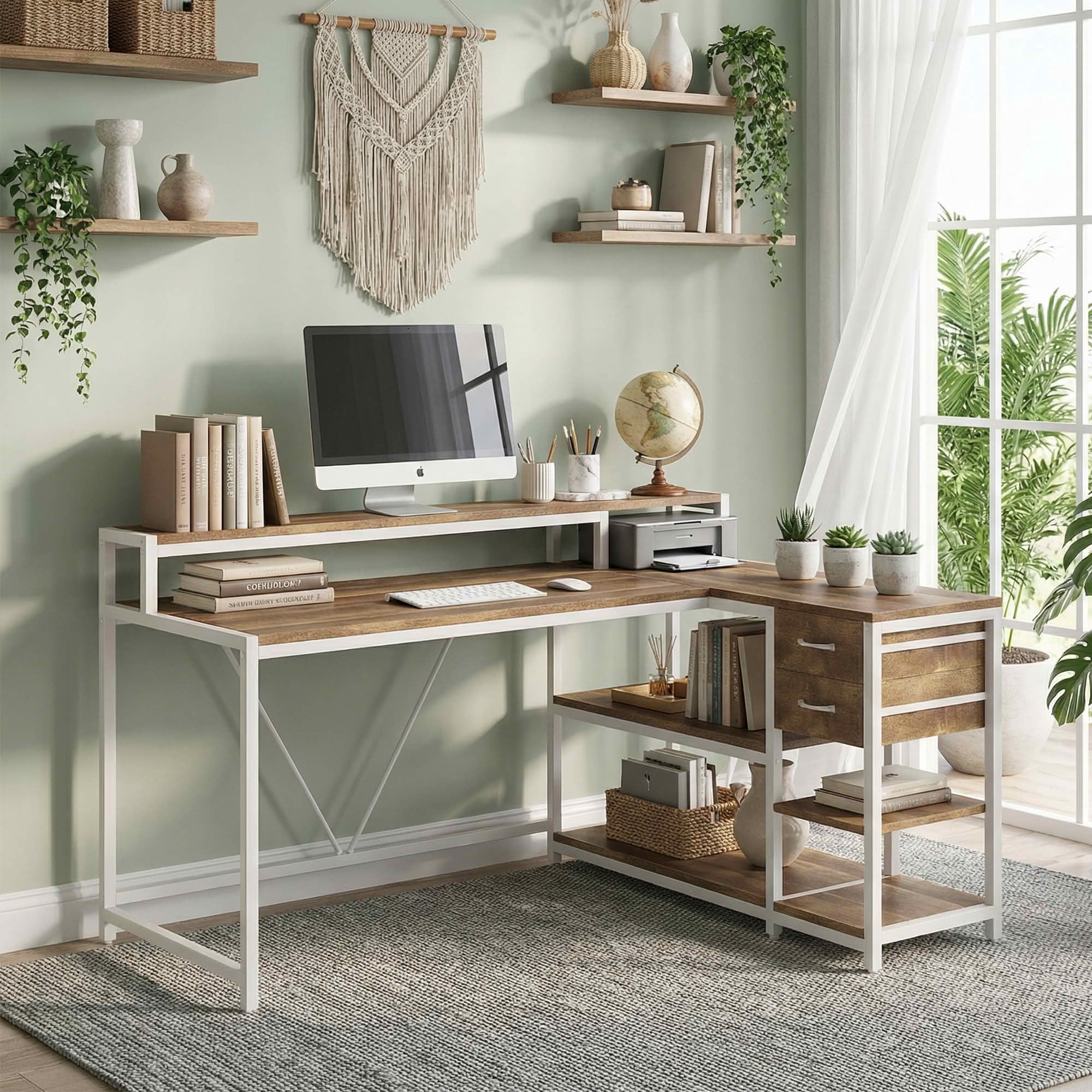 MAYEERTY L-Shaped Corner Desk with Monitor Stand, Drawers & Storage Shelves