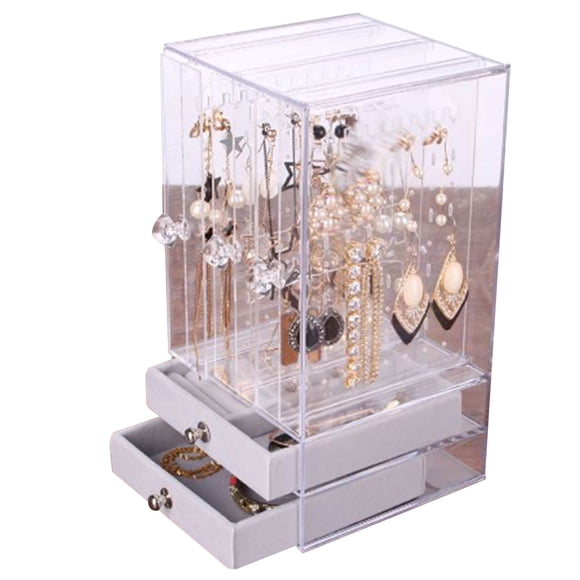 Joyero acrílico de gran capacidad con 2 cajones, resistente al polvo, transparente, organizador de joyas para dormitorio y baño.