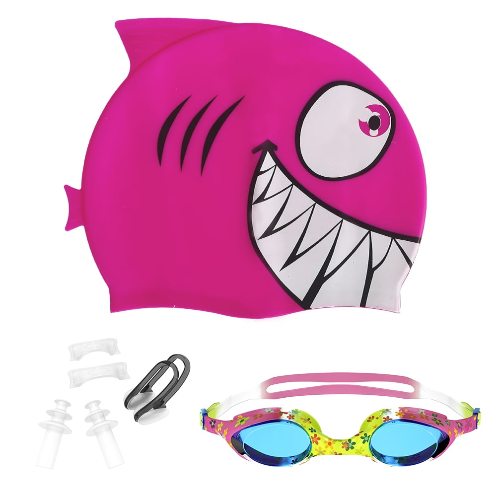 Kid's Swimming Cap Swimming Goggles Combo, Silicone Swim Cap Anti Fog