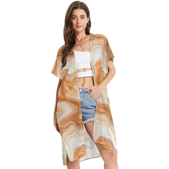 Beach Vacation Clothes Kimono Cardigan Loose Swimsuit Cover Up for Women Warm Brown and White Marble S