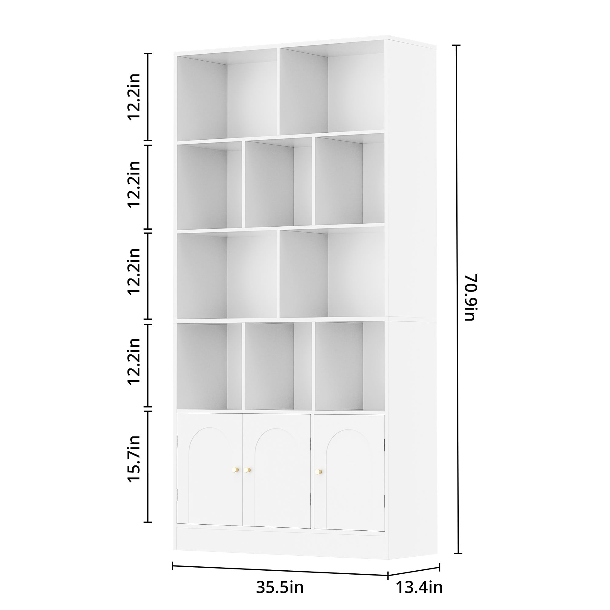 4-Tier Tall Bookshelf with 3 Doors, 71" Open Shelf Bookcase with 10 Cubes, Modern Cube Storage Organizer for Living Room, and Office, White