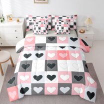 Homewish Love Heart Print Bedding Comforter Set 7pcs for Adults Female Men,Geometric Plaid Grid Queen Bedding Sets Super Cozy,Dreamy Princess Queen Sheet Sets,Lightweight Room Decor,Reversible