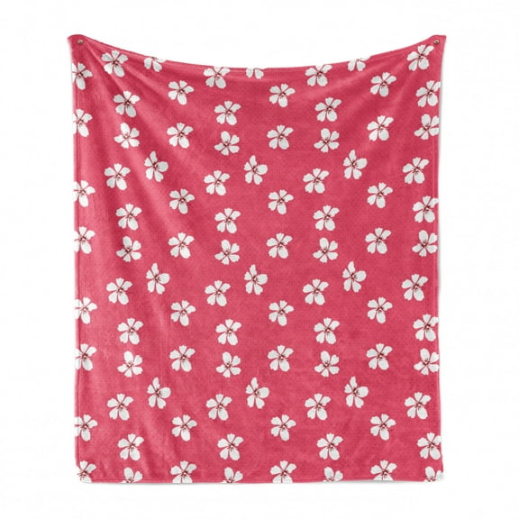 Pink and White Soft Flannel Fleece Blanket, Hibiscus Flowers with Dark Pistils on Pink Polka Dotted Background, Cozy Plush for Indoor and Outdoor Use, 50" x 60", Dark Coral and White, by Ambesonne