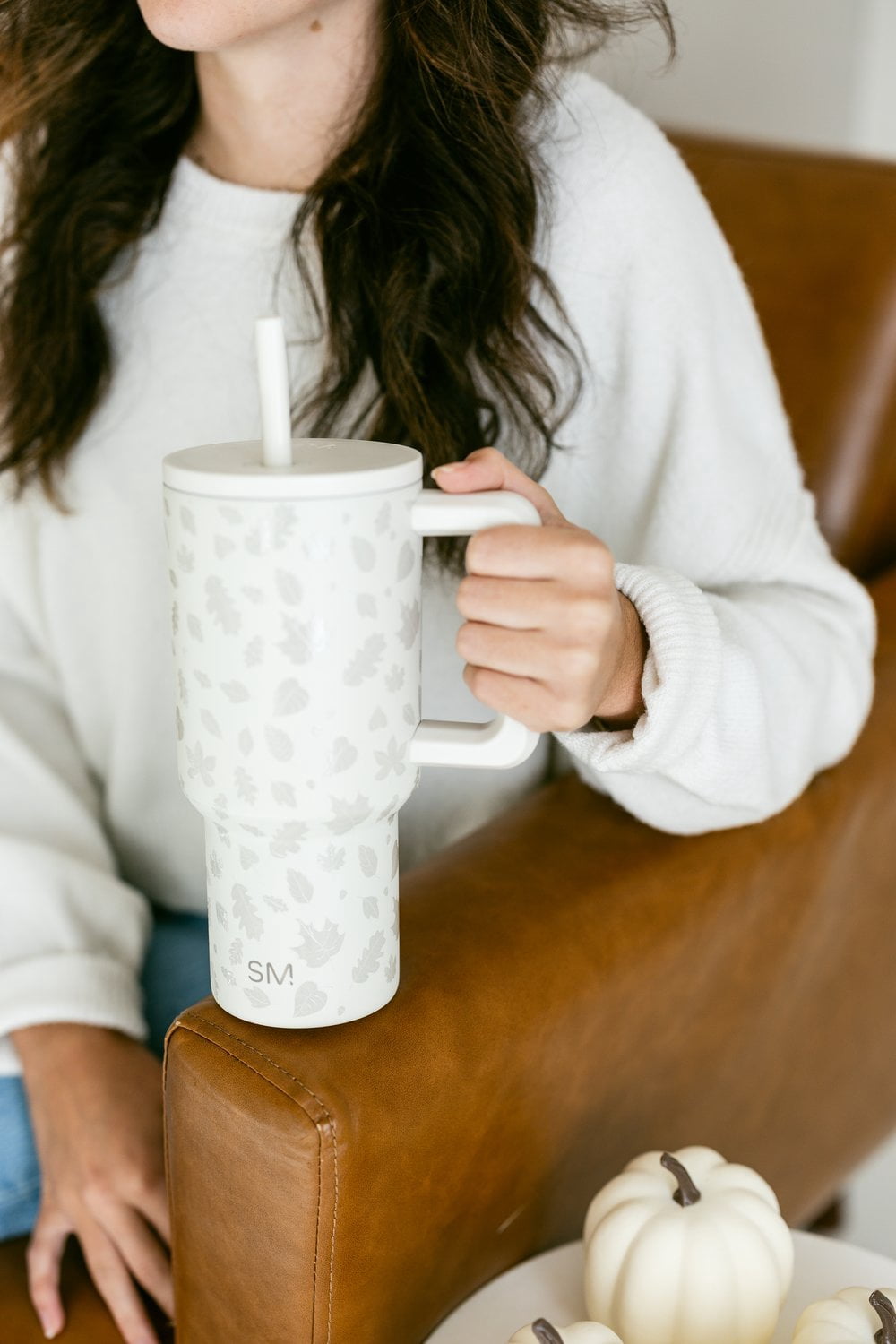 Simple Modern 30 fl oz Insulated Stainless Steel Trek Tumbler with Straw Lid | Falling Leaves on Cream