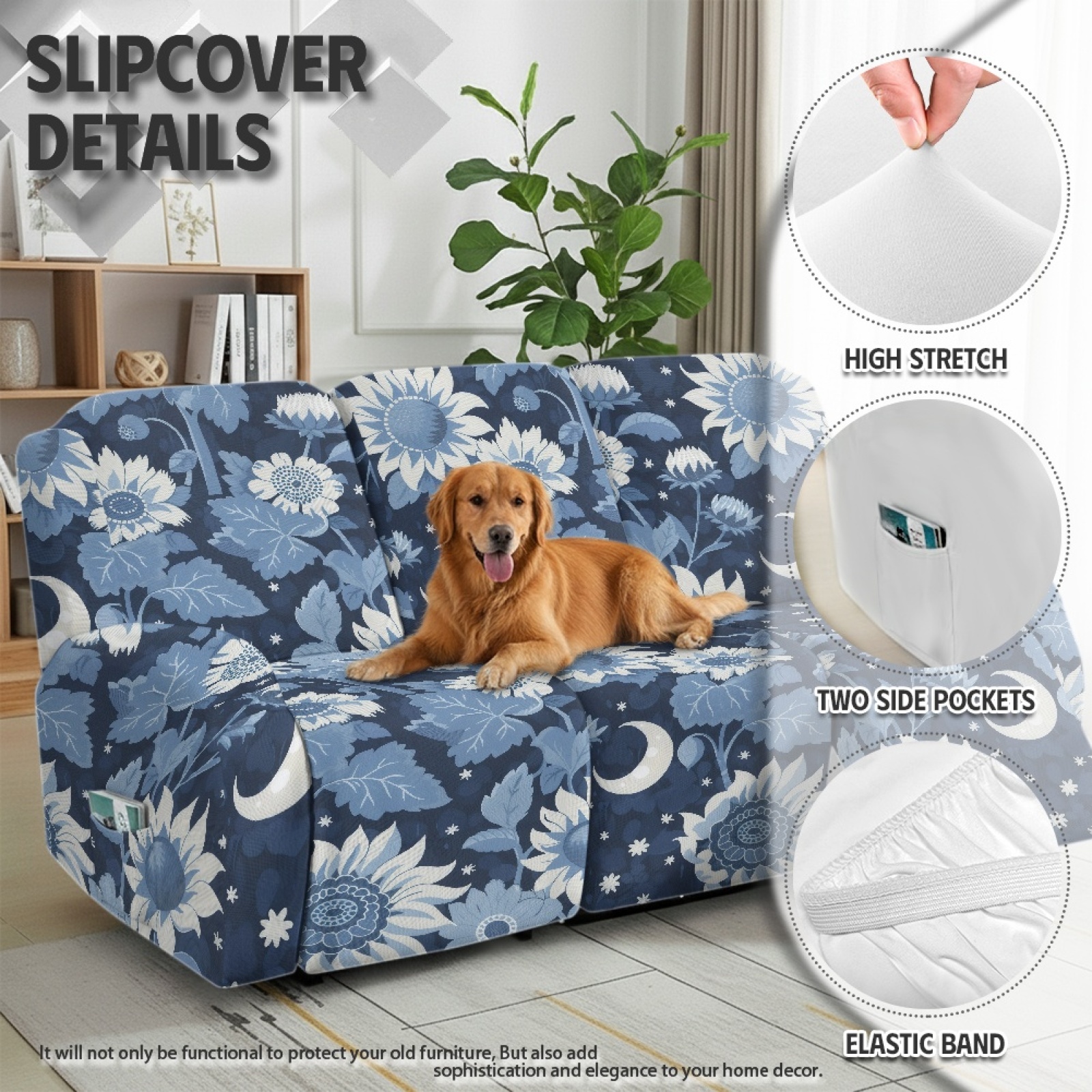 COEQINE Cover for Recliner Chair Stretch Reclining Sofa Cover 8 Pieces Recliner Cover for 3 Cushion Reclining Sofa Stay in Place Furniture Protector, Blue Floral Moon