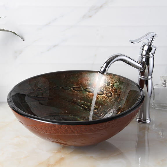 Elite Handcrafted Mica Rock Pattern with Contrasting Etching Design Tempered Glass Bathroom Vessel Sink with Chrome Pop-up Drain and Mounting Ring - 1211 P01008C
