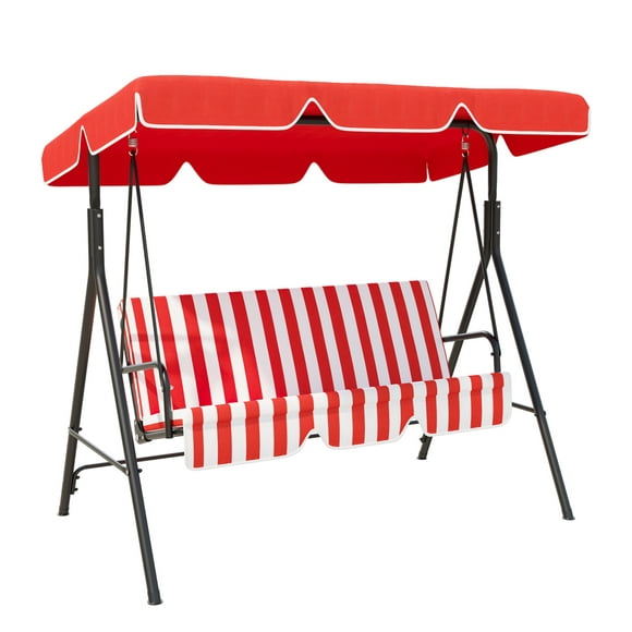 Outsunny 3-Seat Patio Swing Chair, Outdoor Porch Swing Glider with Adjustable Canopy, Removable Cushion, and Weather Resistant Steel Frame, for Garden, Poolside, Red and white