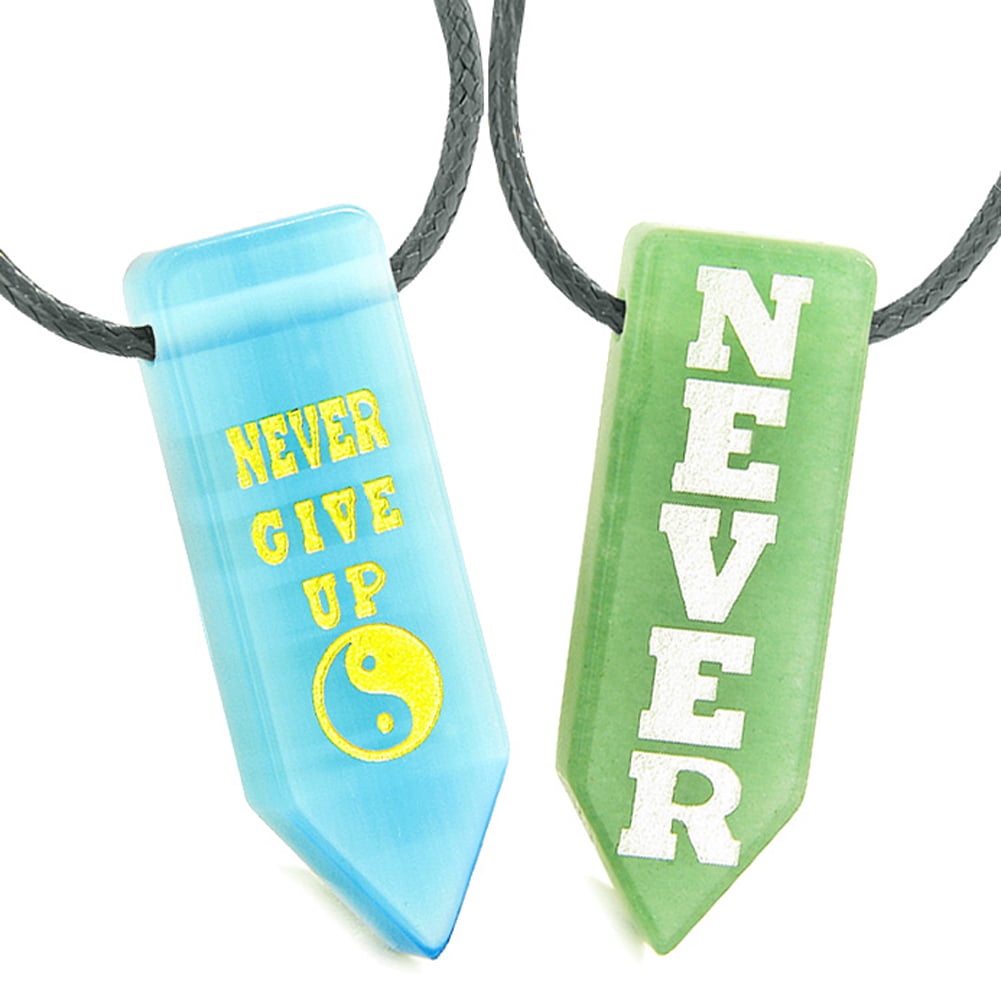 Never Give Up Reversible Amulet Yin Yang Balance Powers Arrowhead Sky Blue Simulated Cats Eye Necklace