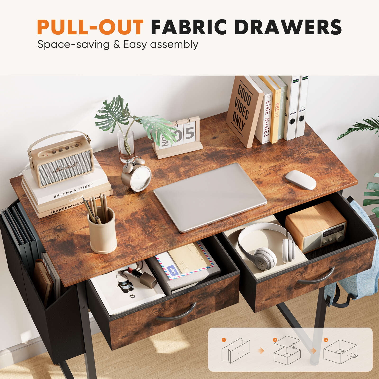 Gianna 32 Inch Desk with 2 Drawers Home Office Computer PC Table with Fabric Storage Bag, Study Writing Wood Deskboard for Small Spaces,Rust Brown