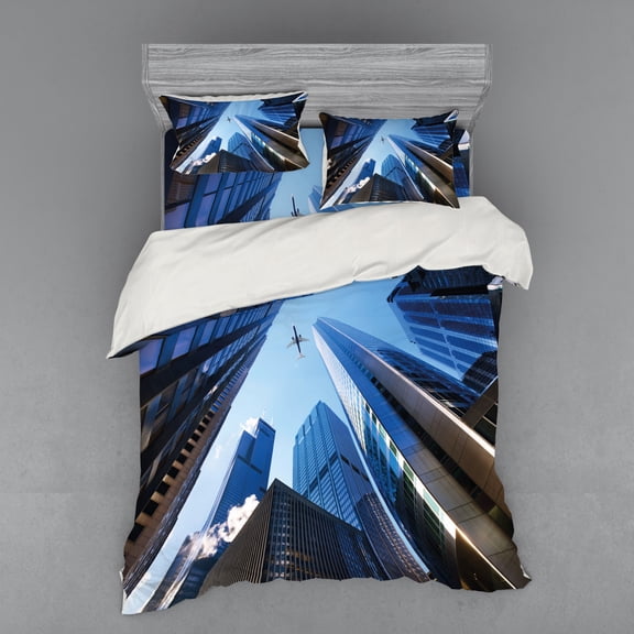 Ambesonne Urban Bedding Set 4 Pcs, American City Landscape, Queen, Blue Grey