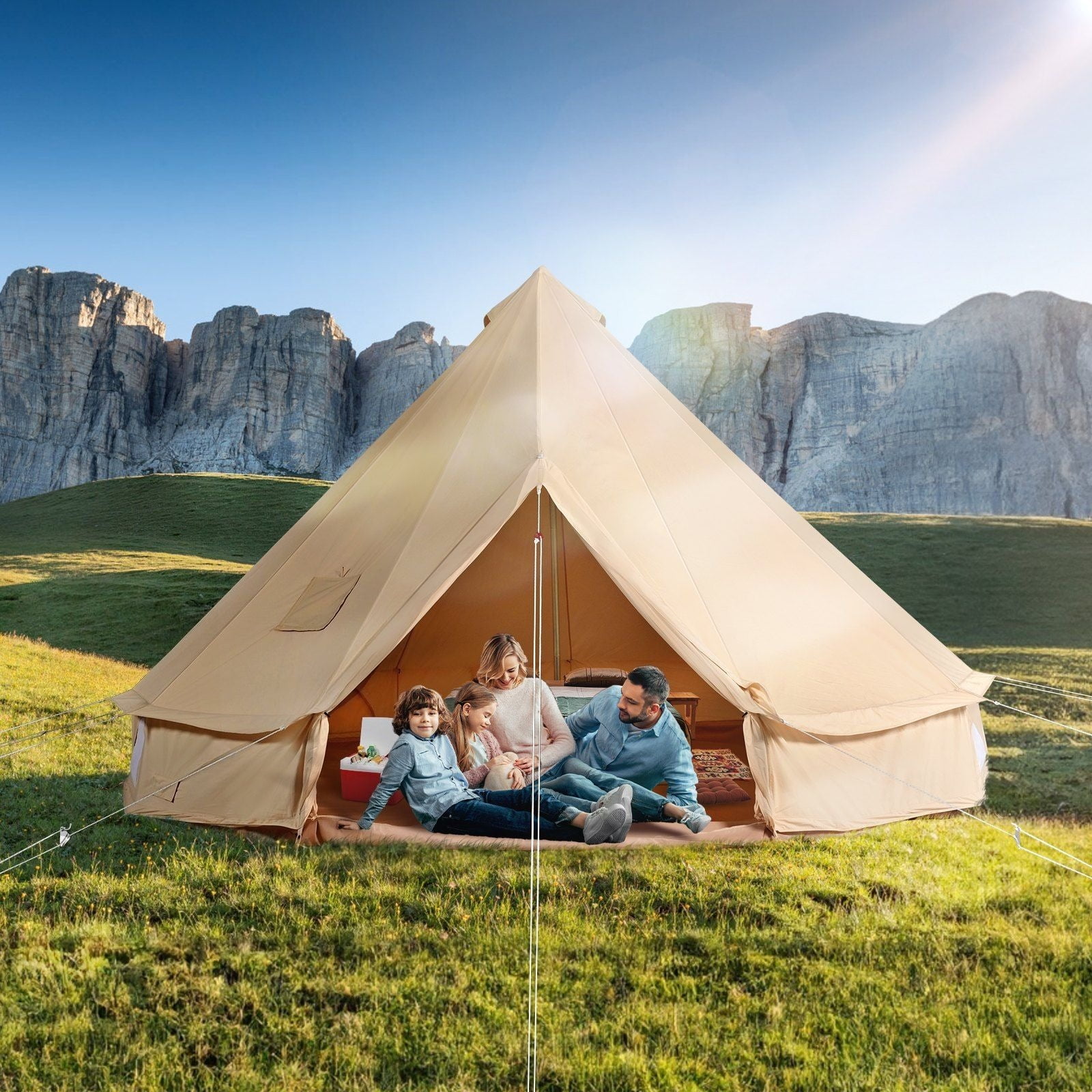 Large Canvas Bell Tent for 6 Person, 4 m / 13.12 ft 4 Season Yurt Tent with Stove Jack, Breathable Canvas Family Camping Tent for Outdoor Hunting Party