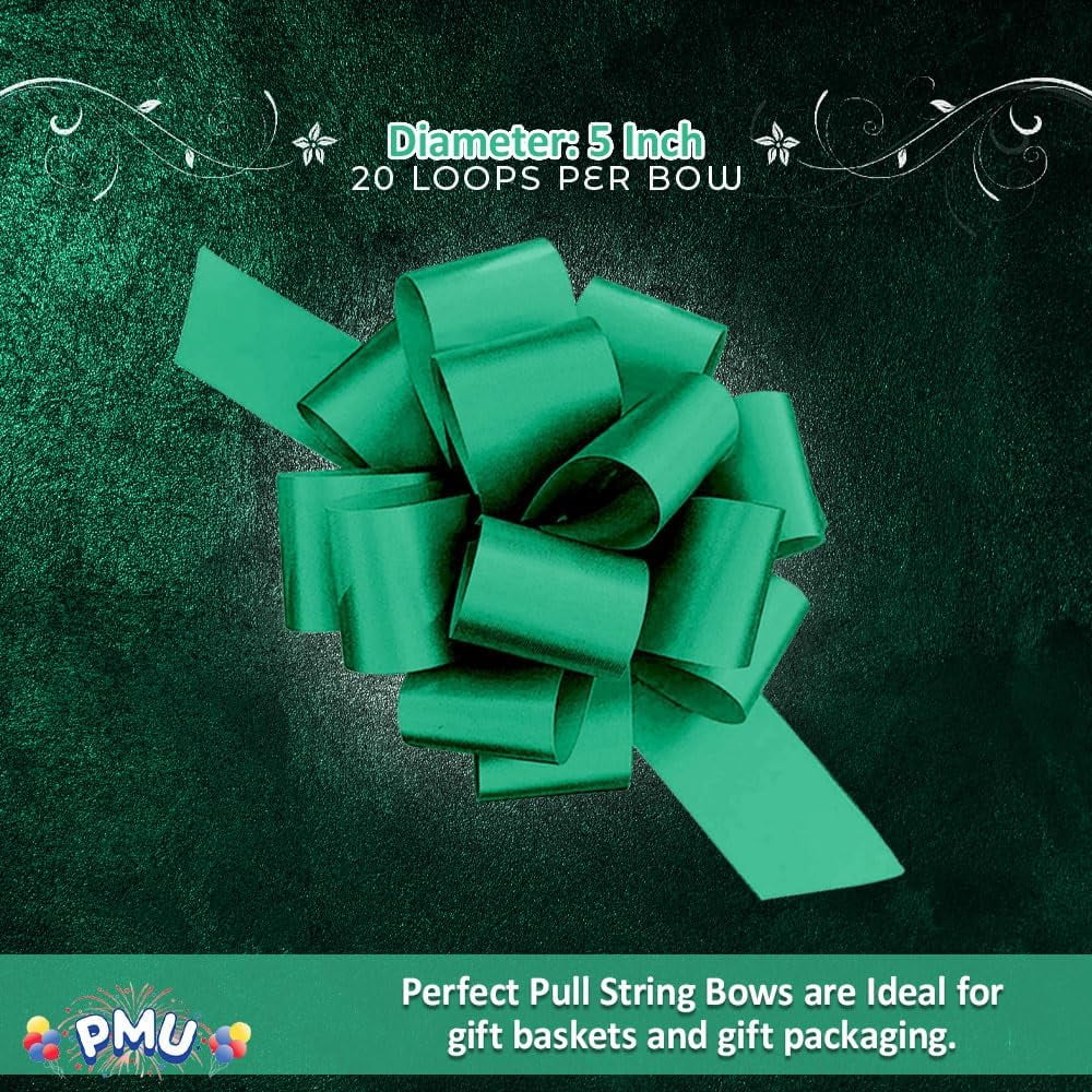 PMU Pull String Bows - Gift Bows for Wedding, Birthdays & Anniversaries - Ribbon Bows for Flowers & Basket Decoration - Large Bow for Gift Wrapping - 5 Inch 20 Loops Green- (10/pkg) Pkg/1
